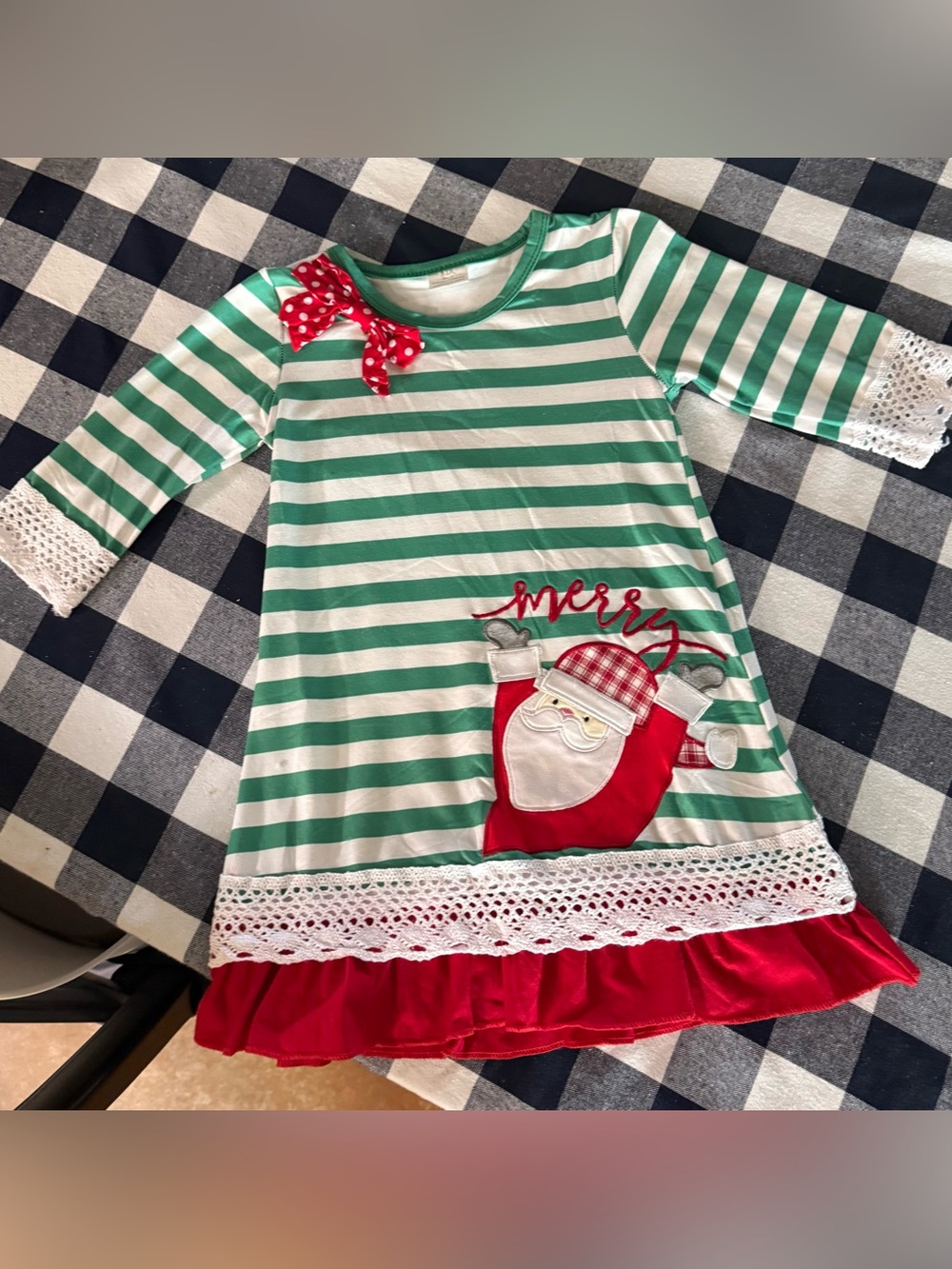 Girls' Green & White Striped Santa Dress with Lace Trim